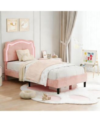 Twin Upholstered Smart LED Bed Frame with Velvet Princess Headboard, Wooden Slats Support, No Box Spring Needed