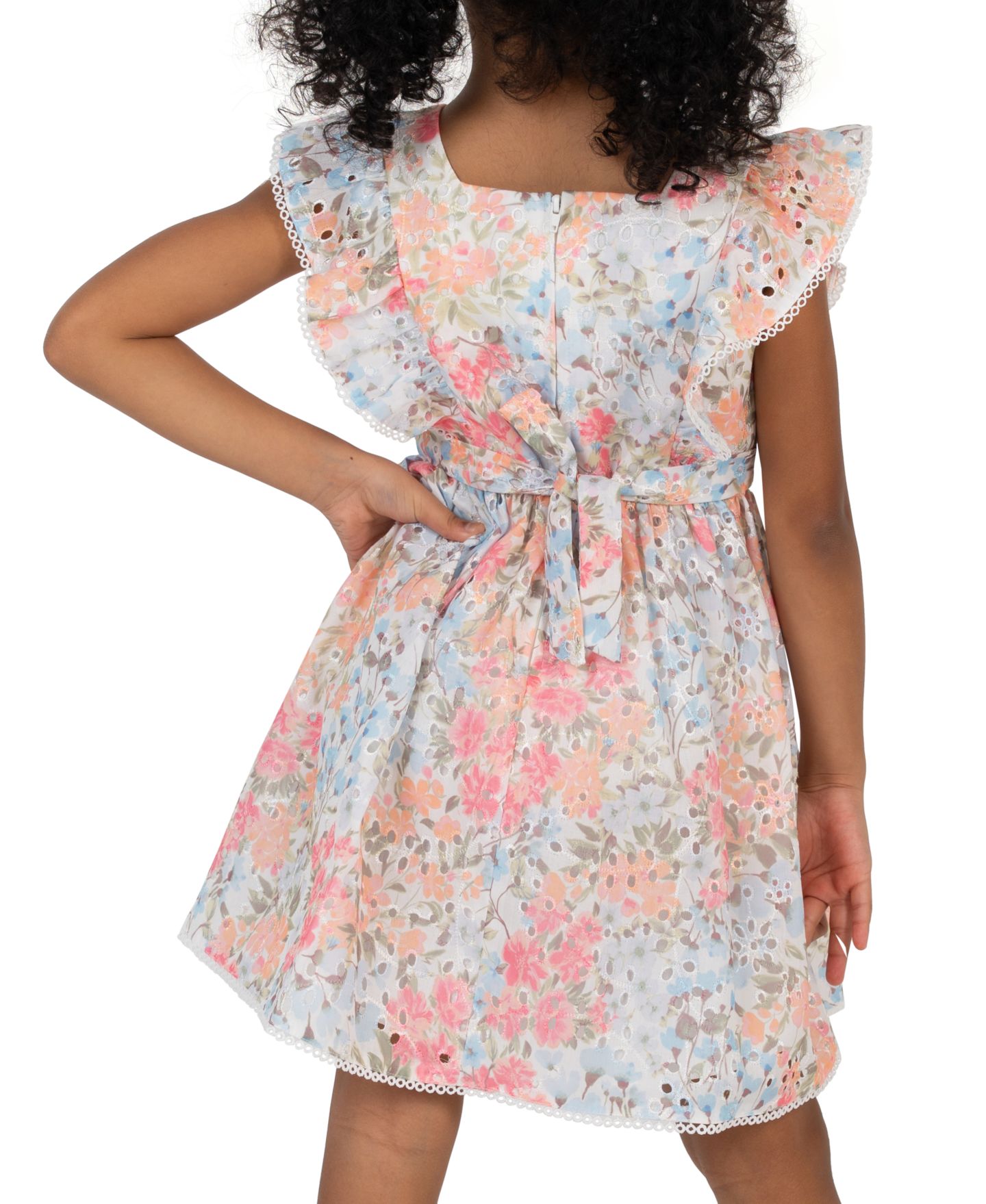Платье Rare Editions Printed Eyelet Square Neck Ruffle Dress для девочек, цвет: Синий / Розовый — фото 3