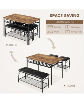 Dining Table Set for 4 with Benche/Stools Kitchen Table Set with Storage Shelves Dining Table Set with PU Cusion Dining Room Furniture
