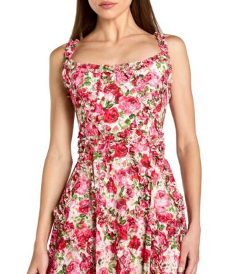 Women's Floral Cotton Ruffle Square Neck Ankle Dress
