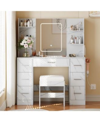 Dresser Set Dresser with Mirror - LED Lights and Power Outlet Dresser with Stool - Open Shelf 3 Color Lighting Patterns Bedroom Dresser