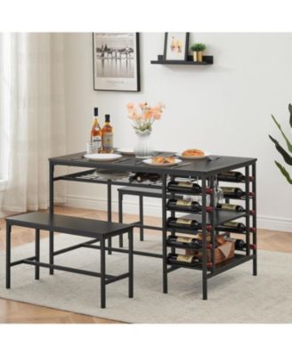 Dining Table Set for 4 Kitchen Table with 2 Benches Rectangular Dining Room Table Set with Wine Rack and Storage Shelf 3 Piece Dining Table Set