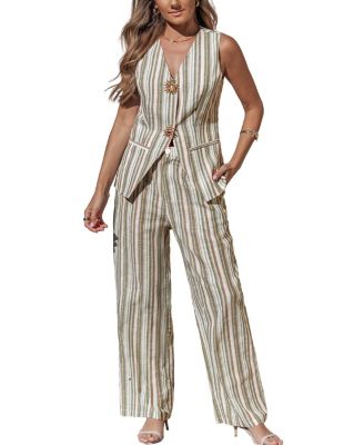 Women's Striped Sleeveless Vest & Straight-Leg Pants Matching Set