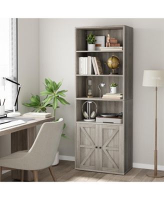 Industrial Bookcase with Doors – 6-Shelf Farmhouse Wooden Bookshelf, 11.8" Deep Display Storage Shelves for Bedroom, Living Room