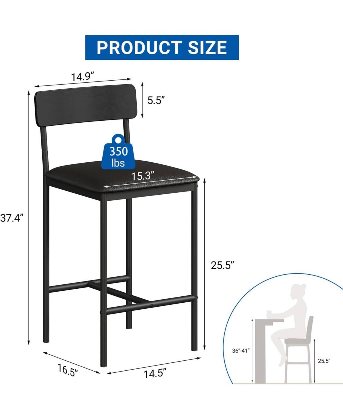 gaomon Set of 2 Pu Upholstered Counter-Height Bar Stools with Back and Footrest