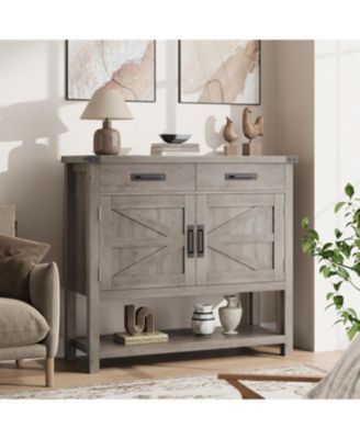 Farmhouse Console Table with 2-Door & 2 Drawers, Wood Coffee Bar Cabinet Sofa Table, Entryway Table with 2 Storage Cabinets, Farmhouse Buffet