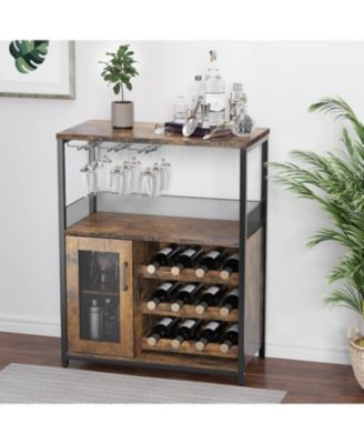 3 Tier Wine Bar Cabinet with Detachable Rack, Industrial Sideboard Buffet Cabinet with Drawer, Glass Holder and Mesh Door