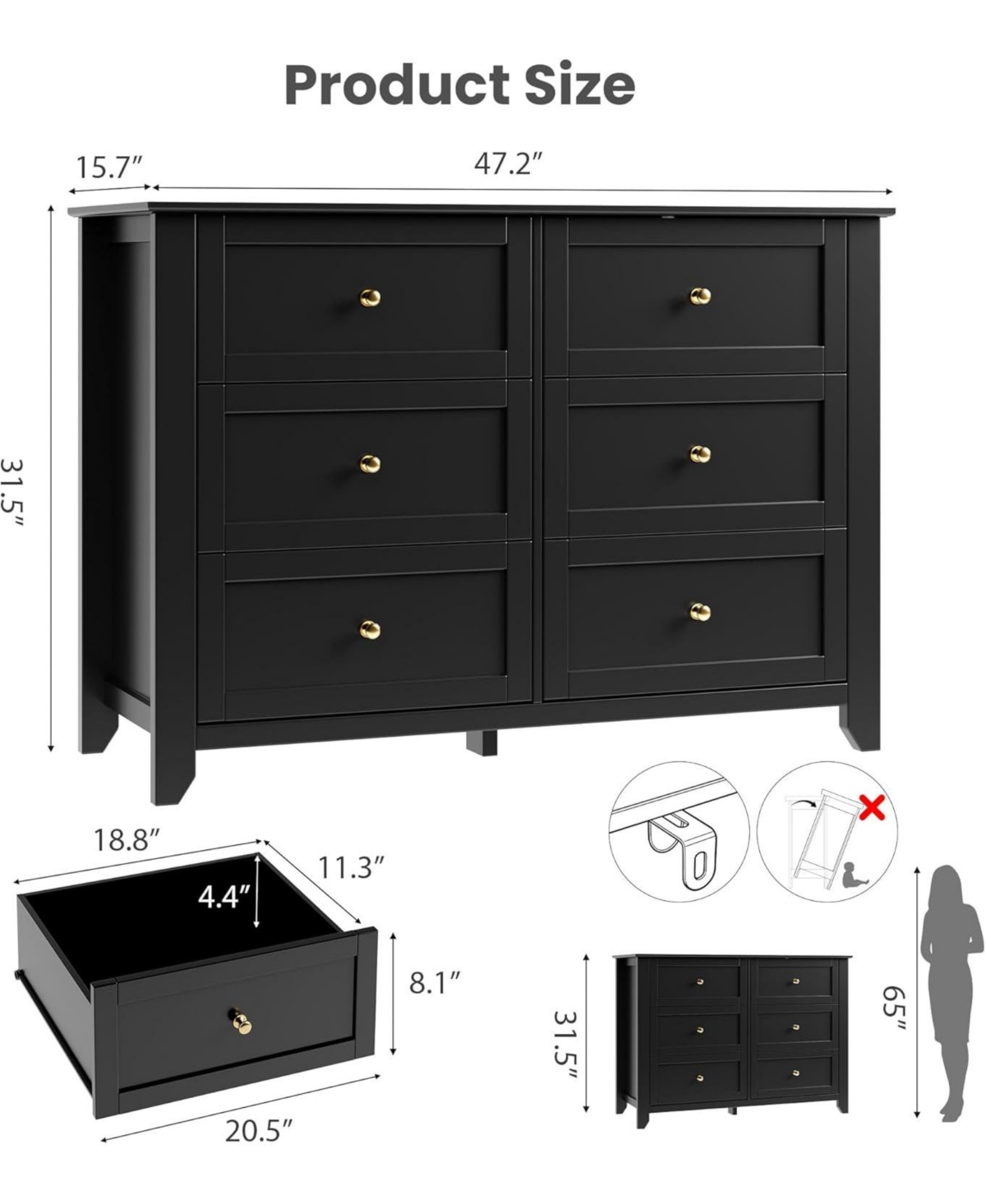 gaomon 6 Drawer Dresser for Bedroom, Large with Deep Drawers & Metal Knobs, Modern Wooden Chests of Entryway, Hallway