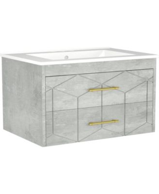 30" Bathroom Vanity with Sink Combo Floating Bathroom Vanity with Ceramic Basin 2 Large Drawers with Gold Handle Soft-Close Design