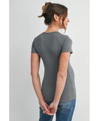 Maternity Nursing Ribbed Short-Sleeve Crewneck Top with Lift-Up Panel