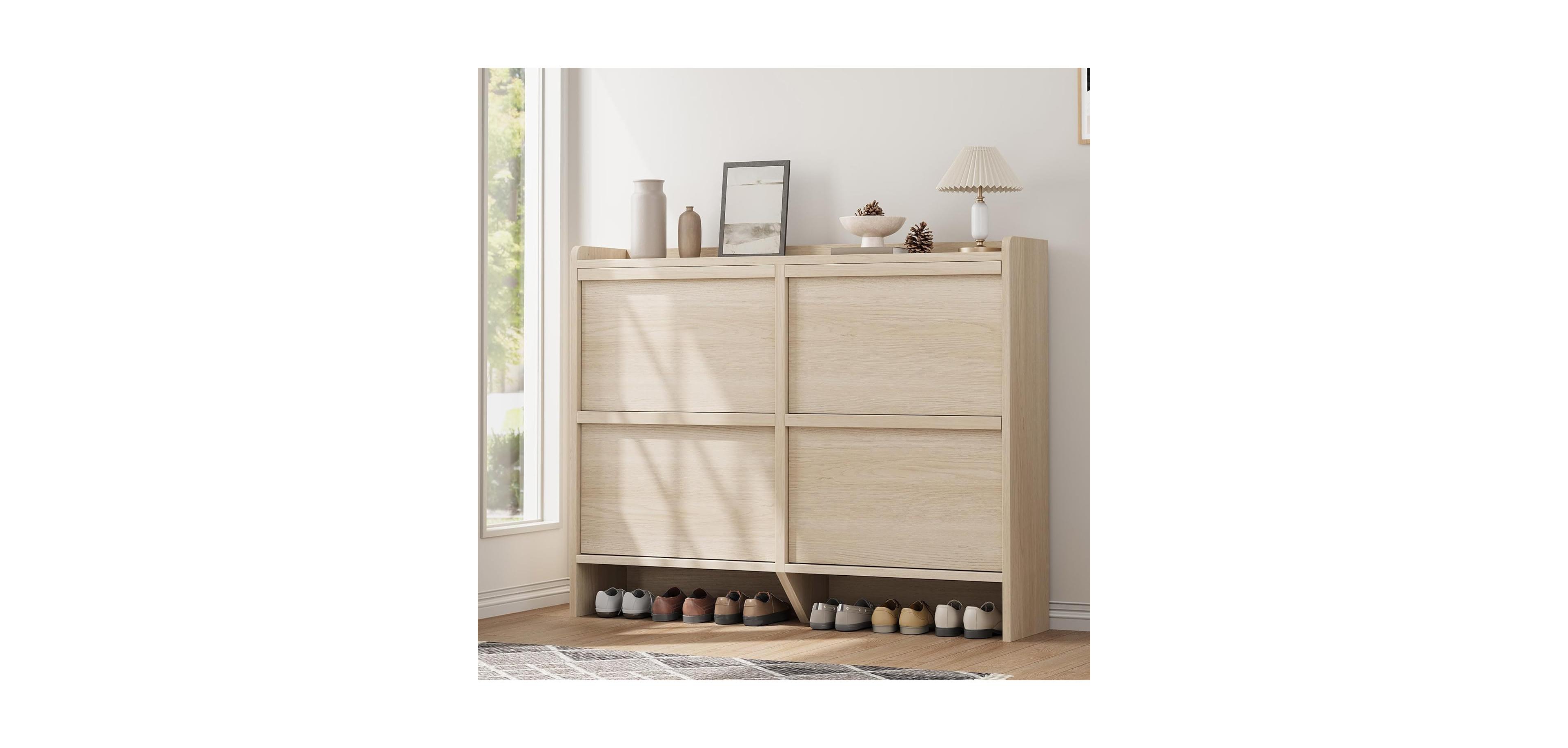 gaomon Wooden Shoe Cabinet with 4 Flip Drawers – Adjustable Shelf Shoe Organizer, Hidden Freestanding Shoe Storage for Entryway, Hallway
