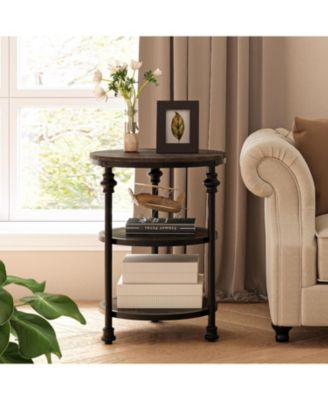 Round Side Table, Small End Table with 3 Shelves for Living Room, Bedroom, Night Stand Accent Coffee Table with Steel Frame for Small Spaces