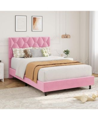 Pink Twin Bed Frame with Upholstered Headboard, Heavy-Duty Platform Bed Frame with Strong Wood Slats, No Box Spring Needed
