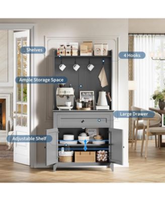 63" Pantry Cabinet, Kitchen Storage with Charging Station, Coffee Bar Table with Drawer, Hooks & Adjustable Shelves