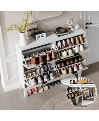 Farmhouse Shoe Cabinet with 4 Flip Drawers – Freestanding Fluted Shoe Organizer with Metal Legs, Slim Hidden Shoe Rack