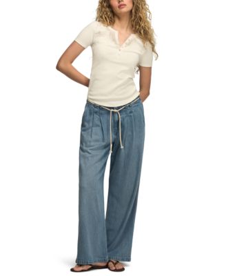 Women's Short-Sleeve Cutwork Henley Top