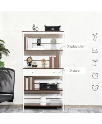 4-Tier Walnut & White Bookshelf with Drawer and Stability