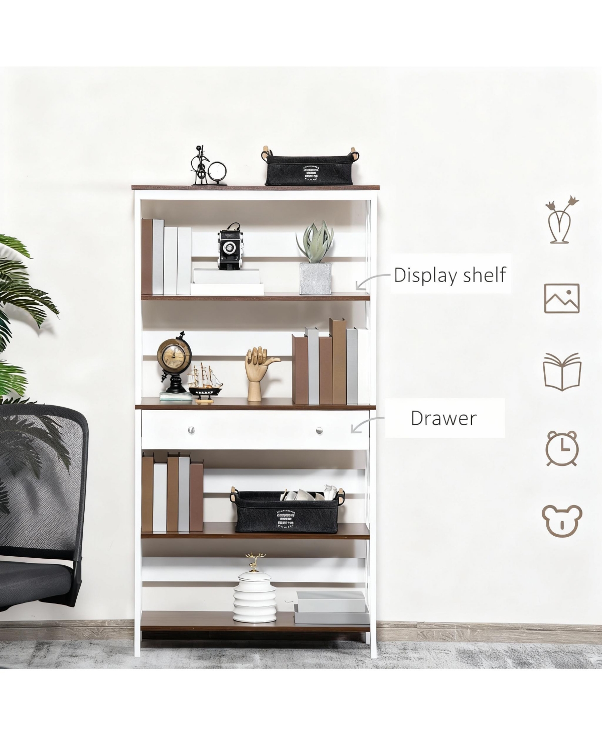 Yigii 4-Tier Walnut & White Bookshelf with Drawer and Stability