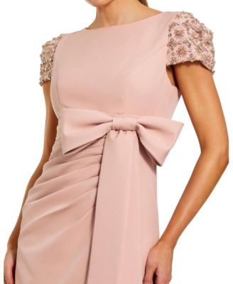 Women's Beaded Cap Sleeve Crepe Gown With Bow and Slit
