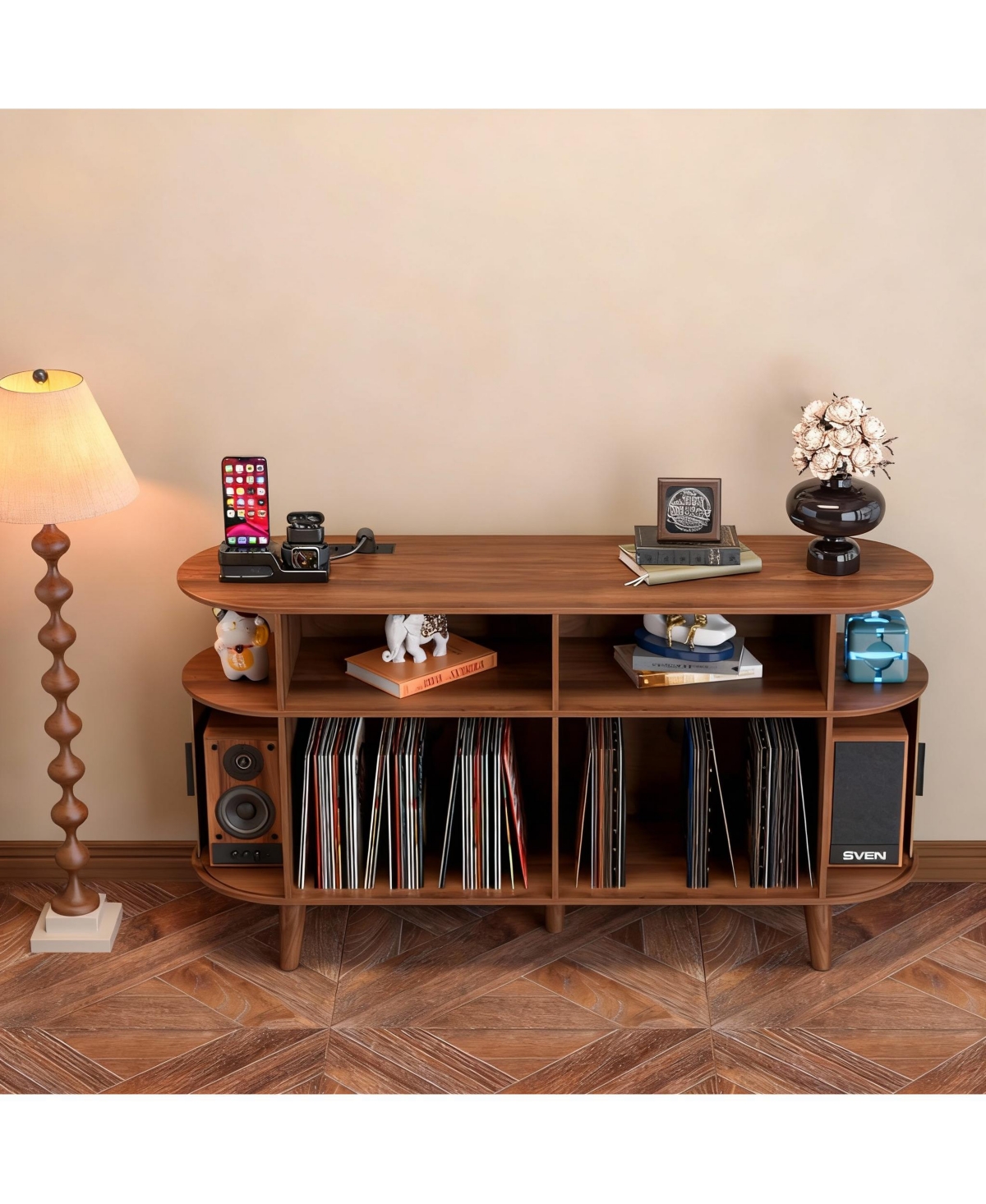 Yigii Mid-Century Modern Record Cabinet with Charging Station & Storage