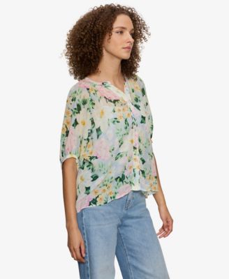 Petite Printed Split Neck Top
