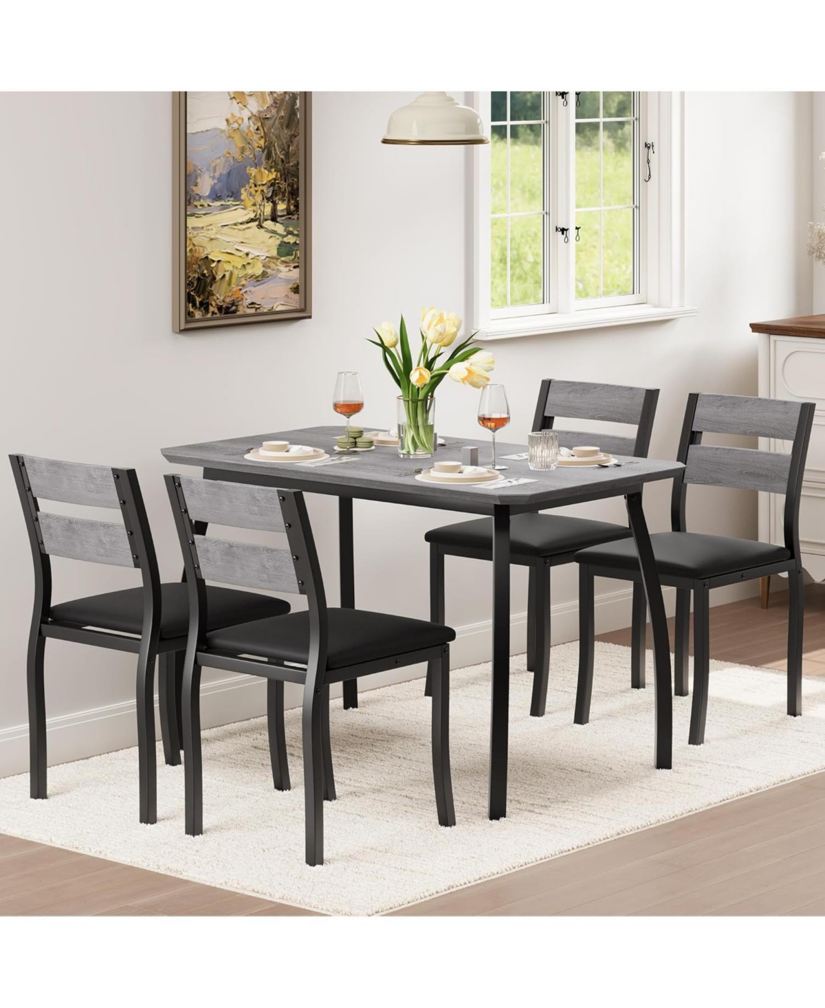 gaomon 5Pcs Dining Table Set for 4, Space-Saving Kitchen with Upholstered Chairs, Modern Angled Corner Design, Compact Dinner