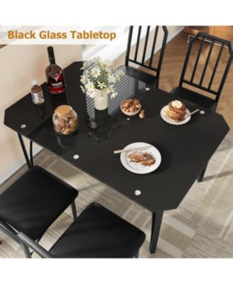Glass Dining Table Set for 4, 5 Piece Kitchen Table and Chairs with Chamfer Design and Cushioned Seats for Small Spaces