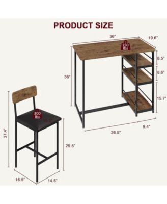3 Piece Counter Height Bar Table Set with 3 Storage Shelves, Dining Table and 2 Upholstered Bar Chairs for Small Spaces