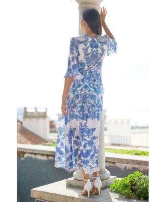 Women's 3/4 Sleeves Paisley Wrap Midi Dress