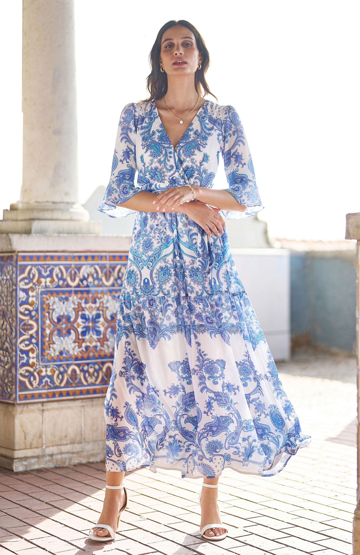 Женское платье Yumi 3/4 Sleeves Paisley Wrap Midi, цвет: Синий — фото 4