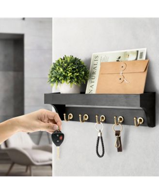 Wood Key Rack with Hooks and Shelves for Entryway Decoration