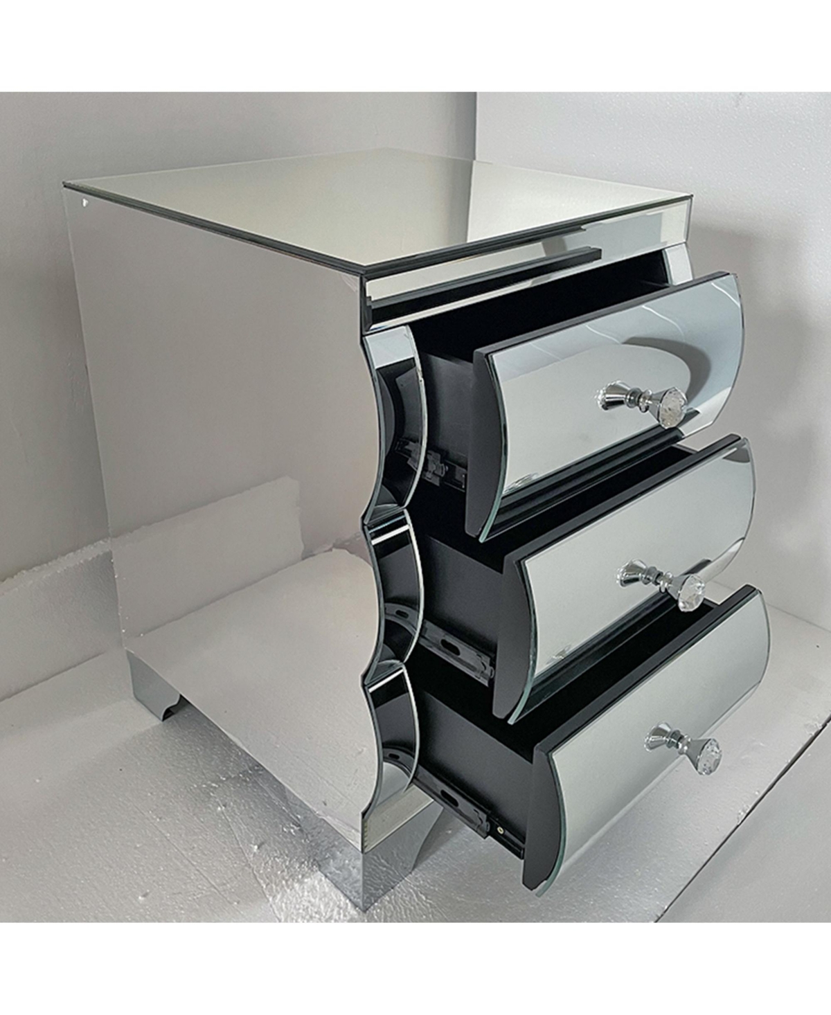 Rainsken Mirrored Nightstand, Glass Bedside Table with 3 Wave Drawers, Modern End Table for Bedroom, Living Room, Home Office