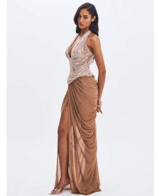 Women's Nancie Apricot Beaded Halter Peplum Pleated Maxi Dress