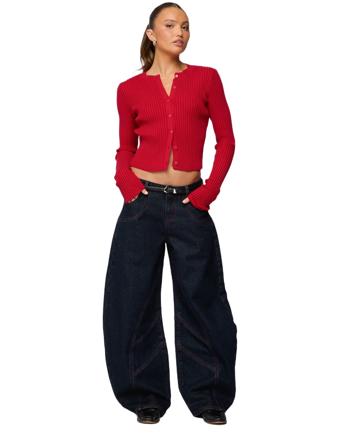 Edikted Women's Double Pocket Low Rise Barrel Leg Jeans view 3 — MAYCSS fashion products