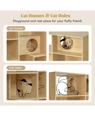 2 IN 1 Wood Bookshelf Cat House for Cat Lover, Cat Tree Display Case, 5 Tier Storage Shelves with Round Hollow Door for Study Room - Natural