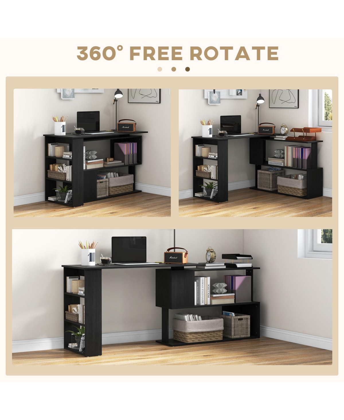 360° Rotating Combo Writing Table Office Hollow Core Hobby Desk w/ Storage Shelf