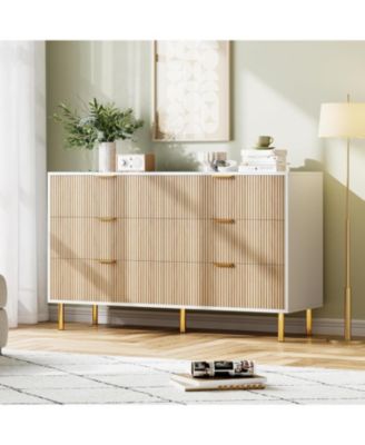 Natural Dresser, Modern 6 Drawer Dresser for Bedroom with Gold Handle and Large Drawer, Wood Double Chest of Drawers and Storage Organizer