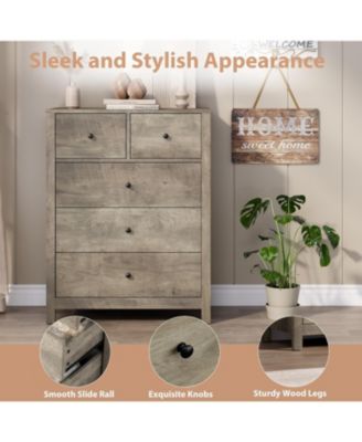 Dresser for Bedroom, Tall 5 Drawer Dresser with Deep Drawers & Metal Knobs, Modern Wooden Double Chests of Drawers for Kids Bedroom, Entryway