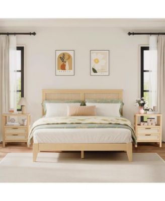 Rattan Nightstands Set of 2, Large Nightstands with Drawers and Storage Shelf, Farmhouse Bedside Table, Wood