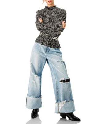 Women's Long Sleeve Polka Dot Pleated Blouse