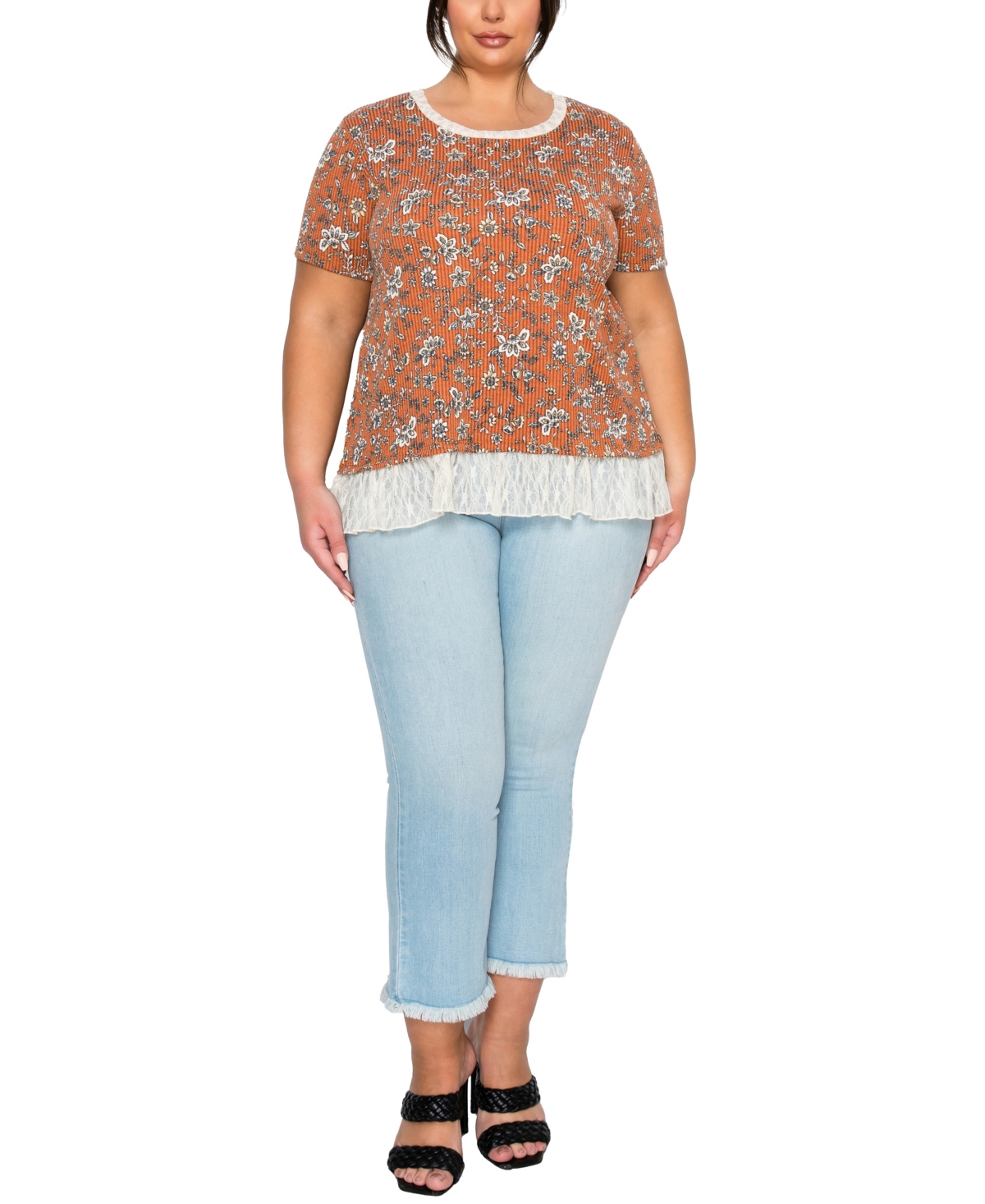 Coin 1804 Plus Boho Floral Rib and Lace Pleat Back Short-Sleeve Top
