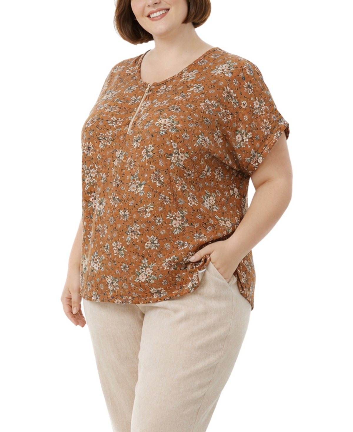 Coin 1804 Plus Size Boho Floral Rib Zip Front Dolman Top