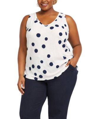 Plus Size Polka Dot Crinkle Knit Double V-Neck Tank