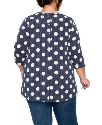 Plus Size Polka Dot Double Knit Button Back 3/4 Rolled Sleeve Top