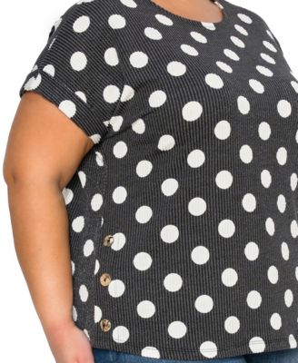 Plus Size Polka Dot Double Knit Rolled Sleeve Side Button Top