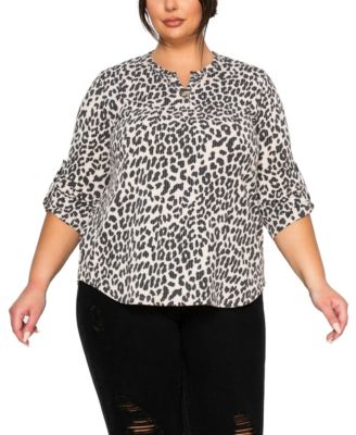Plus Size Animal Double Knit 1 Button Henley 3/4 Sleeve Top