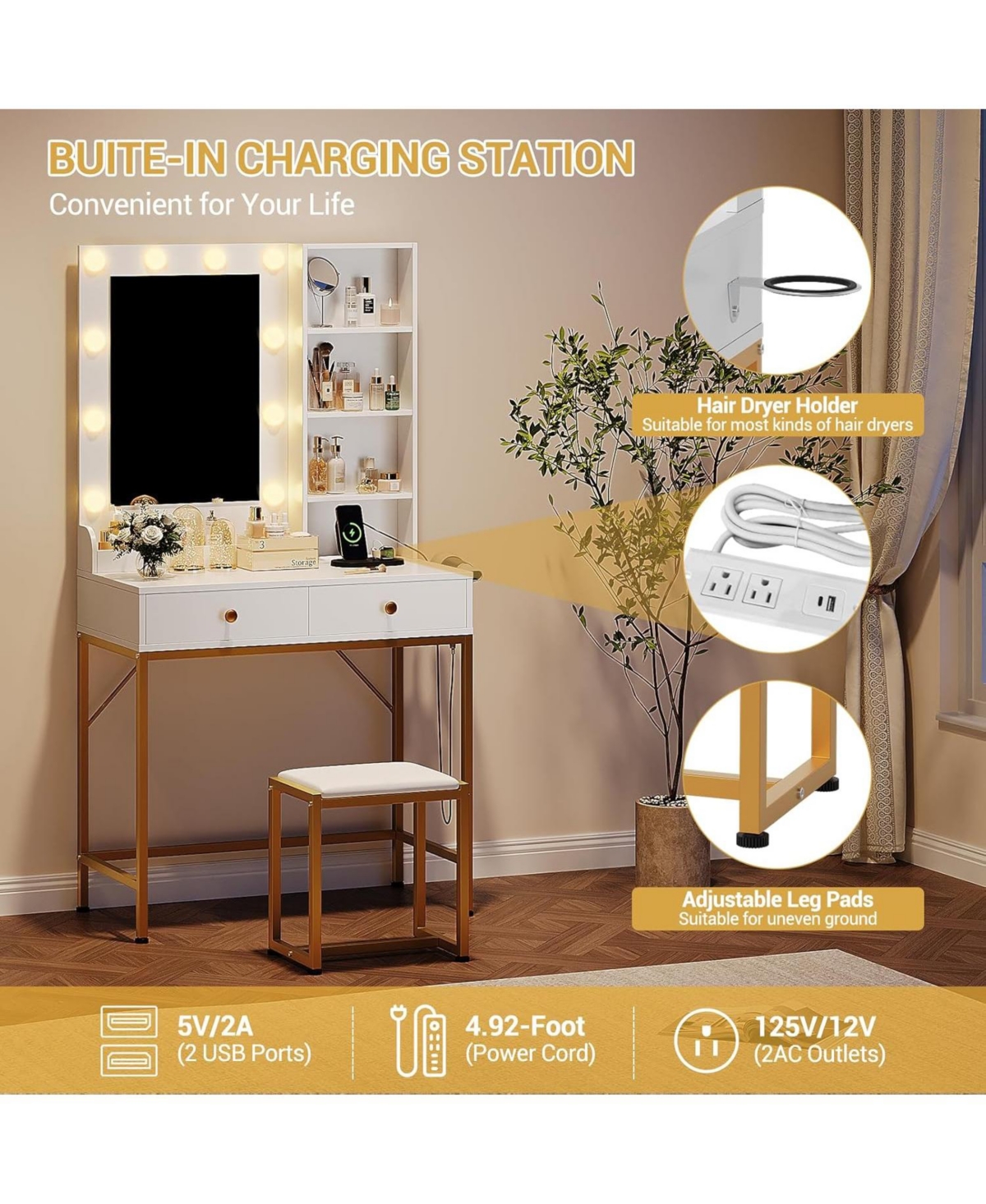 gaomon “Vanity Desk with Mirror, Lights, Chair & Charging Station – Adjustable Lighting Makeup Set”