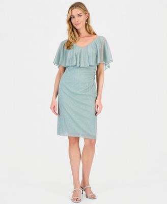 Connected Women's Cape-Overlay Glitter Sheath Dress - LT/PAS GRN - Size 8