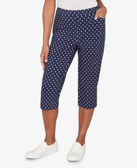 Petite Port Side Polka Dot Flat Front Denim Capri Pants - Navy/White