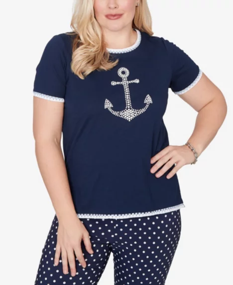 Petite Port Side Pearl Anchor Graphic T-shirt - Navy